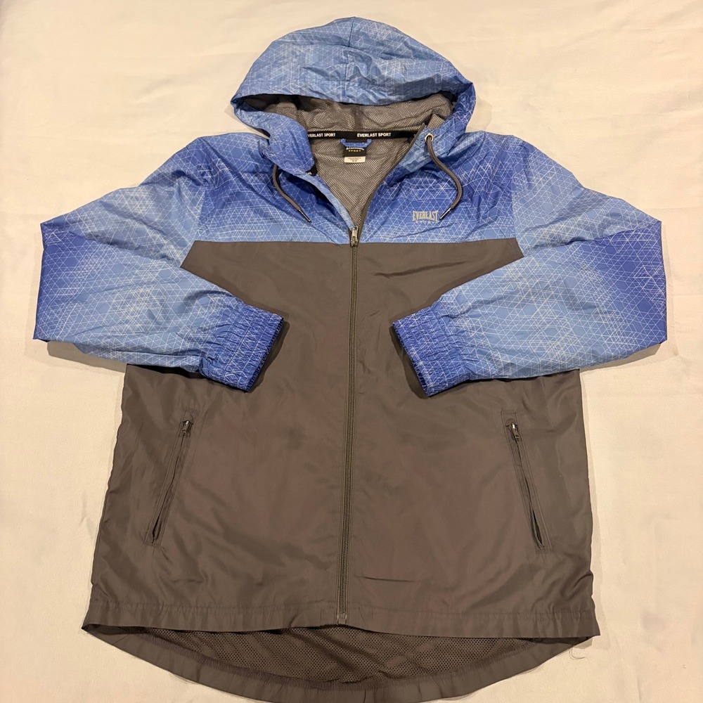 Everlast Sport Mens Windbreaker Jacket Blue Gray Geometric Hooded Full Zip M